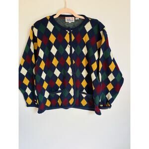 Vintage Tally Ho Argyle Knit Womens Sweater Cardigan In Green Yellow Red 2x